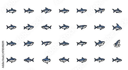 A cartoon-style pattern of various gray sharks, each in different poses. The sharks swim to the left. One shark is partially out of water. All are outlined in black