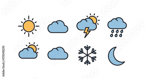 A collection of simple weather icons, depicting sunny, cloudy, stormy, rainy, partially sunny, snowing, and crescent moon conditions. Each icon is a colorful, outlined design
