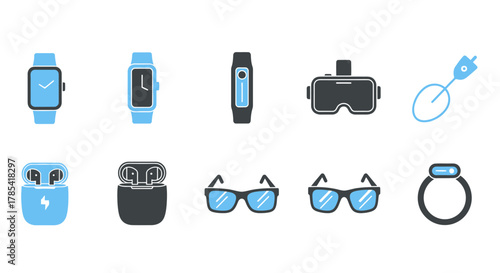Collection of tech icons, including smartwatches, fitness trackers, VR headset, earbuds, glasses and charging cable. Stylized in grey and light blue with a minimalistic design