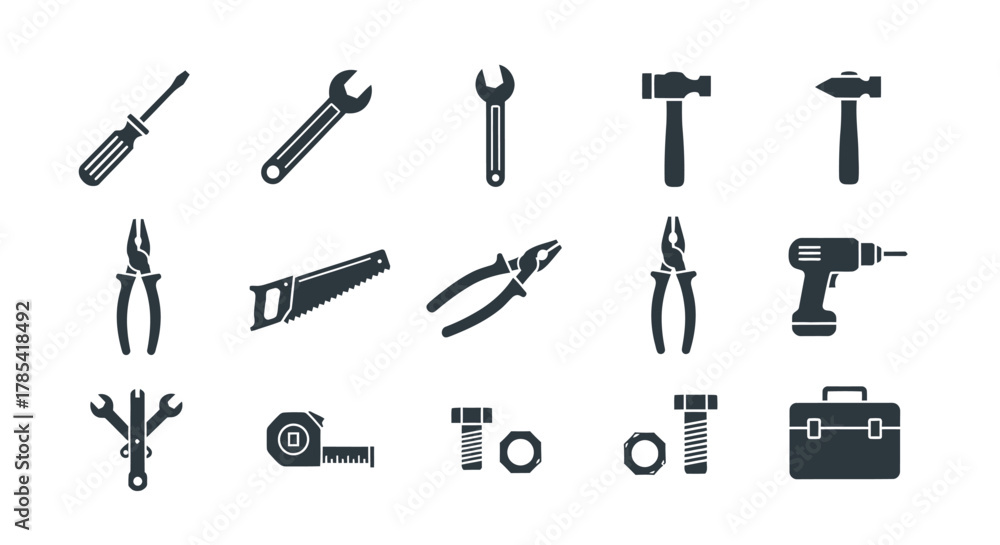 Fototapeta premium A collection of various tools, rendered in solid dark shapes against a bright white background. Includes wrenches, hammers, saws, pliers, a drill, and a toolbox