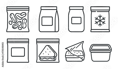 Set of food storage containers: bags, jars, and boxes icons