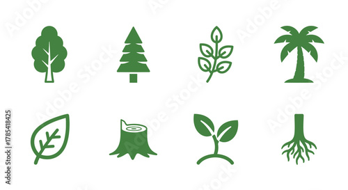 A collection of eight green botanical icons on a white background, including various tree representations, leaves, a stump, a sprouting plant, and roots