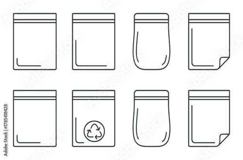 Minimalist black icon set of plastic bags with recycling symbols on gray background