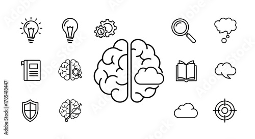 Black and white line-art icons related to the brain and ideas, arranged on a white background. Includes lightbulbs, brains, thought bubbles, books, gears, a shield, and a target
