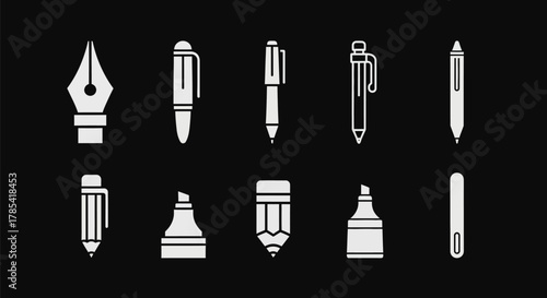 White vector icons of various writing instruments, including fountain pens, ballpoints, pencils, highlighters, and a stylus, arranged in two rows against a black background