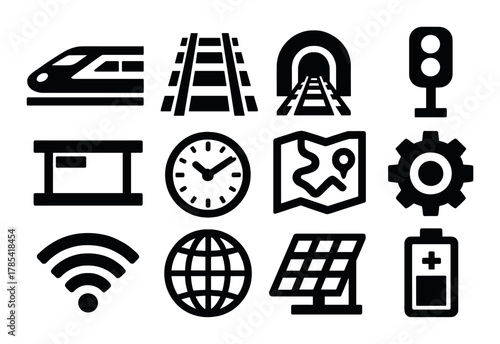 Transportation and technology symbols: train, map, solar, battery, gear