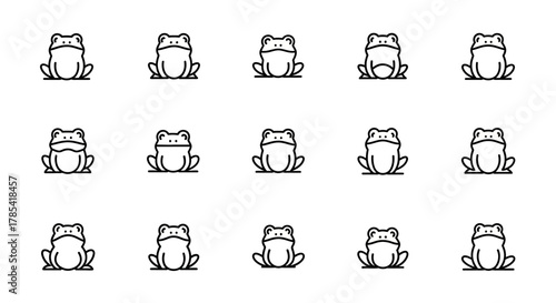 A pattern of fifteen stylized frog icons, rendered in a clean, minimal black outline on a white background. Each frog sits in a symmetrical pose