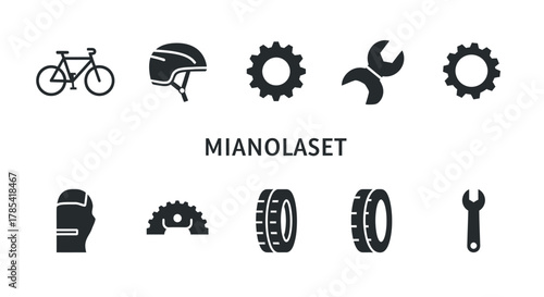 A collection of simple black icons of bike-related tools and objects, with "MIANOLASET" text. Images include a bike, helmet, gears, wrenches, tires, and a protective mask