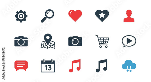 Collection of stylized digital icons. Includes gear, magnifying glass, heart, star heart, user, camera, map, shopping cart, play button, chat, calendar, musical note, cloud