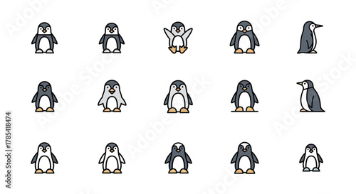 A series of animated penguins displayed in various poses. Each has a similar design with black and white coloring and outlines, suggesting a uniform style