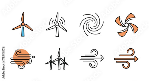 A collection of simple, stylized icons depicting wind-related concepts and energy sources. Included are windmills, wind flows, and abstract representations of movement