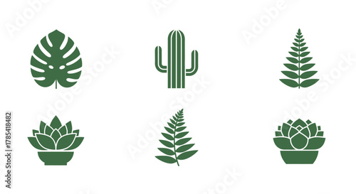 A minimalist botanical arrangement, showcasing six stylized green plant illustrations against a stark white backdrop. Various leaf shapes and potted succulents are depicted in a flat design style