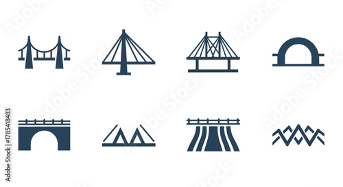 An array of minimalist bridge icons in a dark teal hue, depicting diverse architectural designs and spanning styles, arranged on a clean white background