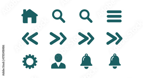 A collection of simple teal-colored vector icons on a white background, representing actions and UI navigation. Includes a home, search, menu, arrows, settings, user, and notification bells