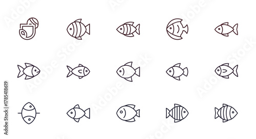 A collection of stylized fish illustrations in a linear style. They vary in design, featuring different body shapes, fins, and markings. Included is a depiction of a container