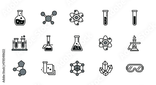 Collection of vector illustrations, depicting chemistry tools and concepts with black outlines and colored fill on a white background. Includes lab equipment, atomic models, and protective gear