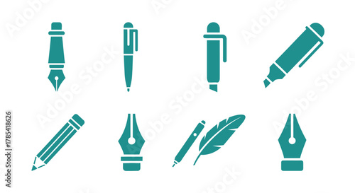 An illustration features eight turquoise icons against a white backdrop, including fountain pens, ballpoint pens, a marker, a pencil, and writing nibs