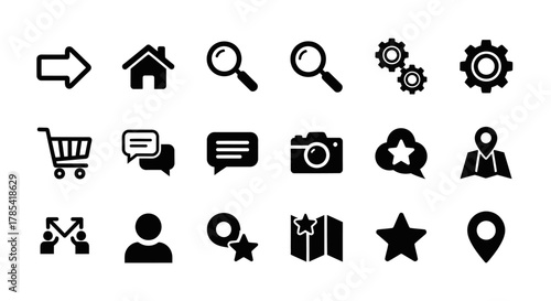 A collection of black and white icons representing common digital functions and user interface elements, including navigation, communication, and information access
