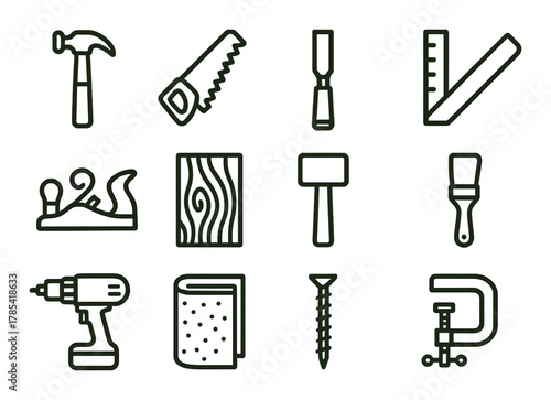 Collection of various hand and power tools icons for carpentry and woodworking