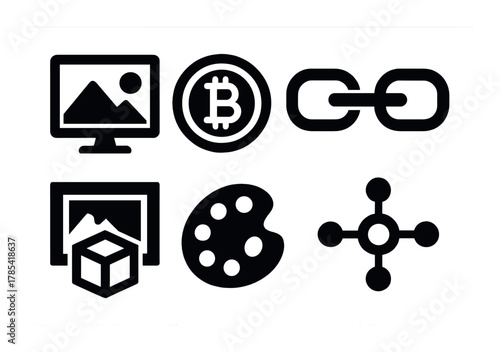 Blockchain and digital art icons: cryptocurrency, nft, and multimedia graphics
