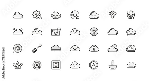A collection of 30 outlined icons, rendered in black and white, featuring varying cloud designs with emotive faces, tech gear, tools, and abstract symbols