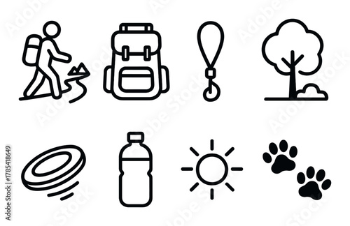 Outdoor hiking essentials: backpack, map, water, leash, frisbee, paw prints, sun, tree