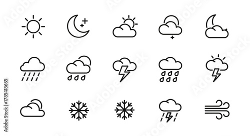 A collection of minimalist, outlined weather symbols illustrating different atmospheric conditions. Includes sun, moon, clouds with various weather elements like rain, snow, lightning, and wind