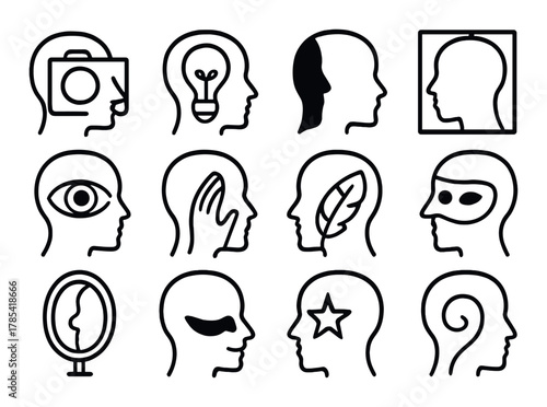 Abstract outlined head silhouettes with various conceptual icons