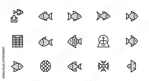 A collection of simple, stylized icons. Themes fish, table, structure, and other geometric shapes with a consistent black outline, gray fill, and a minimal design approach