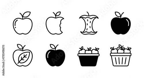 A vector illustration features eight stylized apple icons. Various stages of apple presentation from whole fruit to core, and groupings within containers. Some are solid filled, others outline
