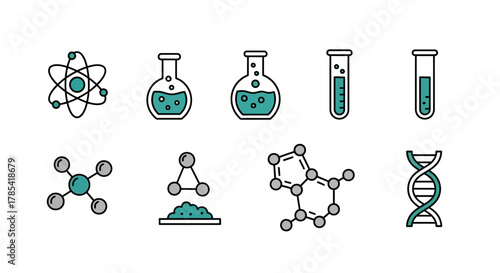 A collection of science-themed icons including an atom, beakers, test tubes, molecule diagrams, and a DNA strand, all in a flat design style with teal and grey color palette