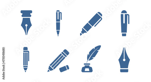 A collection of blue writing instruments, including fountain pens, ballpoint pens, a marker, pencils, and an inkwell with a feather, all on a white background