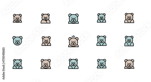 A grid of stylized bear icons, each in varying color schemes and expressions. Some are calm, while one shows a surprised expression with radiating lines above