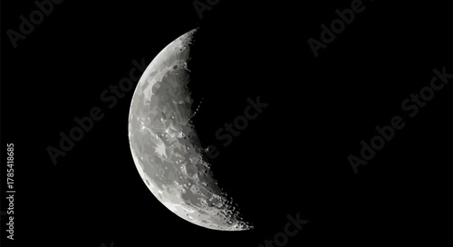 A detailed illustration shows the crescent moon against a stark black background. The moon's textured surface reveals craters, varying shades of gray, and its characteristic curved shape