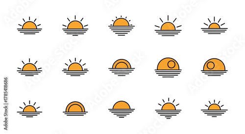 A collection of stylized sun and sea icons in a flat design aesthetic. Variations include full, partial, and simplified forms, with solid orange hues and black outlines