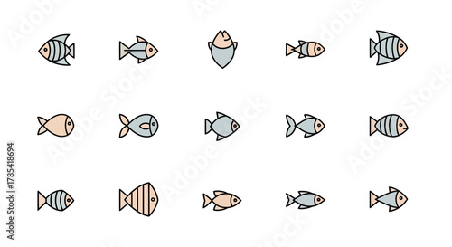 A collection of various stylized, minimalist fish illustrations arranged on a white background. Each fish has a different design, shape and color, showcasing diversity