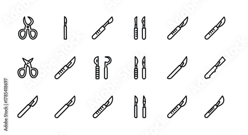 An outlined illustration featuring various surgical tools, including scissors, scalpels, and other cutting instruments. The design is simple, minimalist, and focuses on the shapes