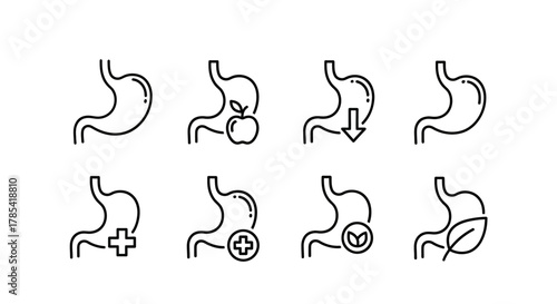 A collection of simple black line drawings depicting stomach health and digestive processes. The illustrations cover various aspects, including digestion, food intake, and healthy choices for the gut