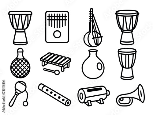 Variety of musical instruments: drums, lute, kalimba, and more
