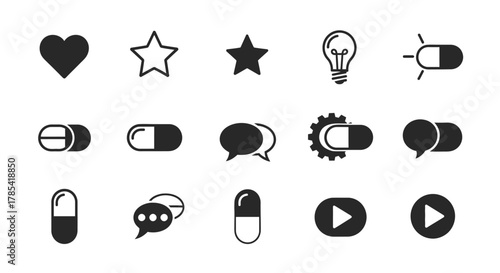 Collection of various icons, including a heart, stars, a lightbulb, pills, speech bubbles, gears, and play buttons. All icons are monochrome