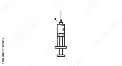 A simple, black-and-white line drawing depicts a medical syringe against a stark white backdrop. The needle points upwards, with liquid droplets. The design includes scale markings on the barrel