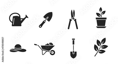 A collection of simple black silhouettes depicting gardening tools and plants. A watering can, trowel, shears, potted plant, hat, wheelbarrow, shovel, and branch are shown