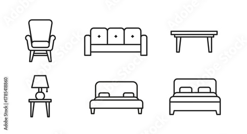 Simple black outline drawings of furniture items including a chair, sofa, table, lamp, and two beds, all with a minimalist style