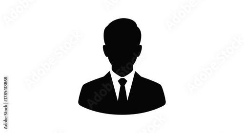 Silhouette of a person in formal attire, likely a man. The image features a solid black outline of a head, shoulders, a suit, and a tie against a white background. It's an anonymous figure