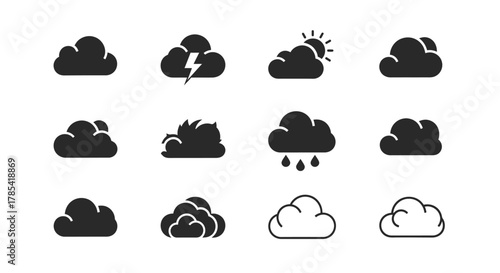 A grid of 12 distinct cloud icons in a simple, graphic style. Weather conditions are conveyed through the different shapes, including clear, stormy, rainy and sunny icons