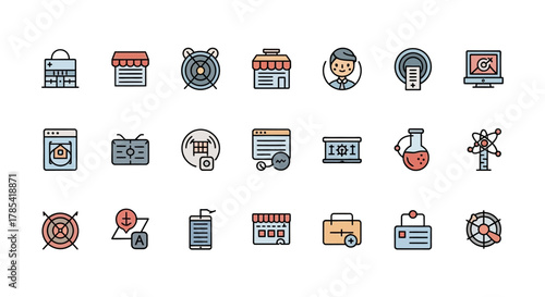 A collection of 20 color illustrations in a uniform style. The icons depict a variety of concepts, from medical and scientific elements to business and retail. The color palette is mostly pastel