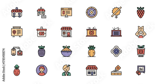 Collection of various colorful icons with black outlines, each depicting distinct objects, including food, buildings, people, and electronic devices