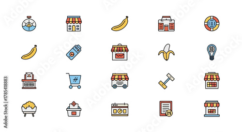 A set of colorful flat icons depicts various objects. Includes fruits, shops, cart, dumbbells, a calendar, stopwatch, life preserver and other miscellaneous things