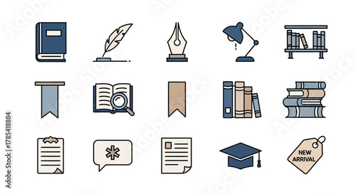 A set of simple, colorful vector illustrations featuring objects related to education, healthcare, and retail. Includes books, writing tools, and medical symbols