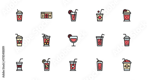 A grid of colorful icons showcasing various beverages and a ticket. The designs use a simple, flat style with black outlines. Straws and garnishes add detail